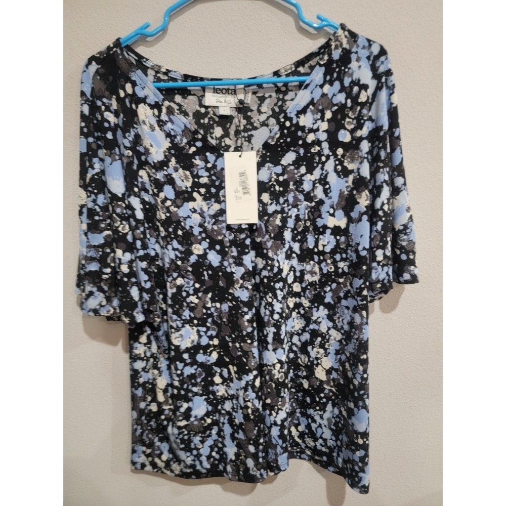Leota Blouse NWT Size 1L Large 1X Short Sleeve Blue Black Abstract Print Stretch
